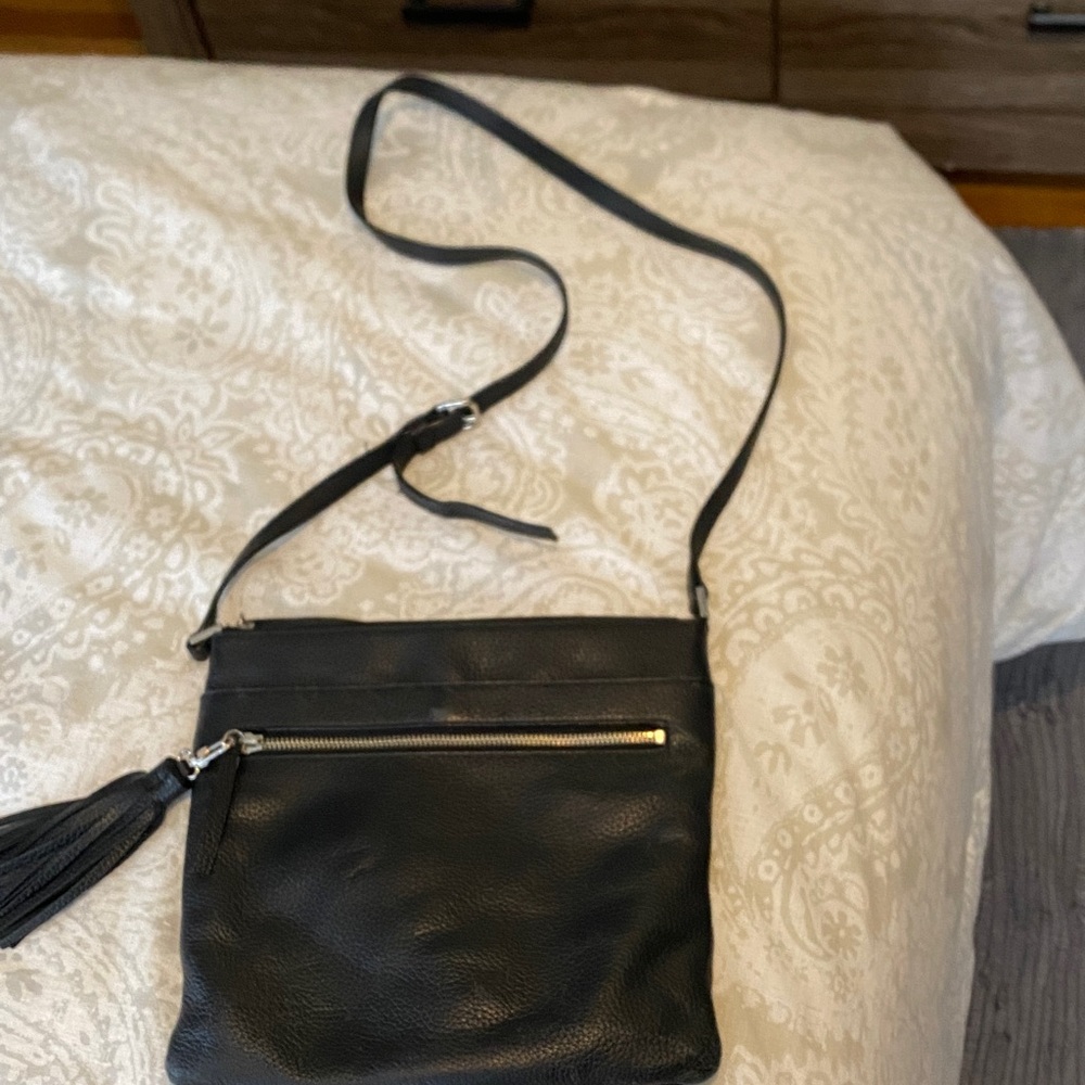 Black Leather Crossbody Bag with Tassel